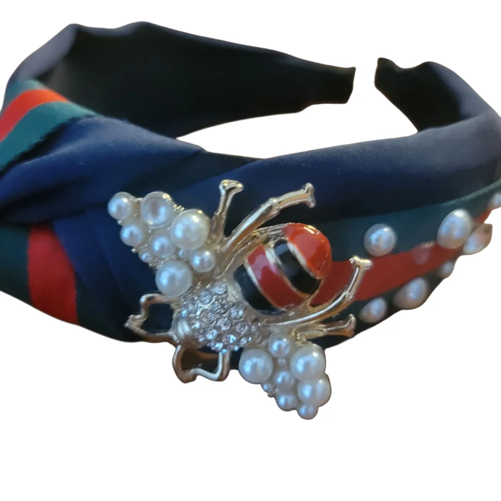 Navy and Red Headband with Pearl Bumblebee Embellishment